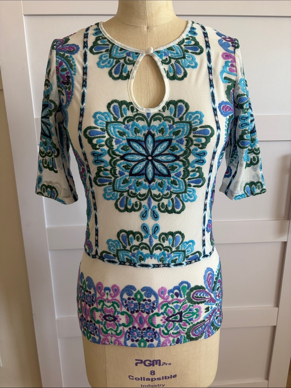 Johnny Was White Top with Blue, Teal & Purple Medallion Embroidery